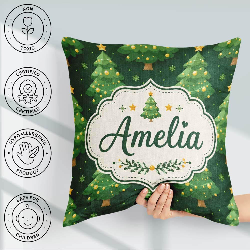 Custom Name Cute Green Christmas Trees Golden Ornaments Seamless Square Filled Cushion Throw Pillow Sofa Bed Home Decor Zip Washable UK Made