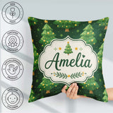 Custom Name Cute Green Christmas Trees Golden Ornaments Seamless Square Filled Cushion Throw Pillow Sofa Bed Home Decor Zip Washable UK Made
