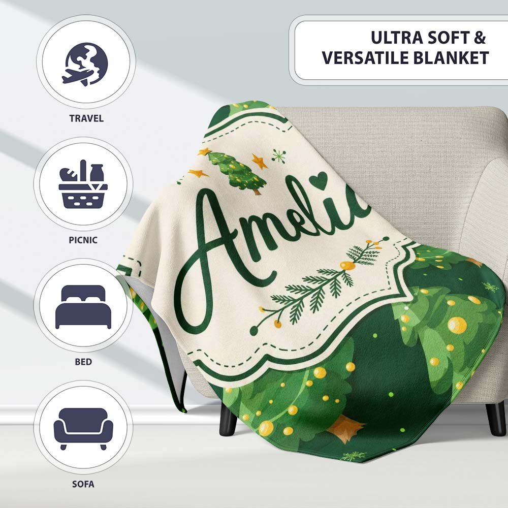 Cute Green Christmas Trees Golden Ornaments Seamless Pattern Lovely  Personalised Custom Name Super Soft Fleece Blanket Bed Sofa Throw