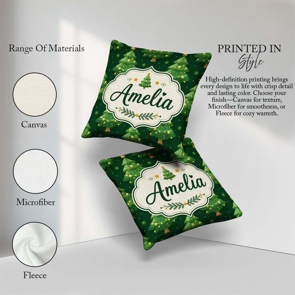 Custom Name Cute Green Christmas Trees Golden Ornaments Seamless Square Filled Cushion Throw Pillow Sofa Bed Home Decor Zip Washable UK Made