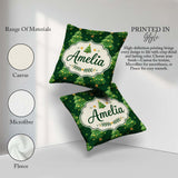 Custom Name Cute Green Christmas Trees Golden Ornaments Seamless Square Filled Cushion Throw Pillow Sofa Bed Home Decor Zip Washable UK Made
