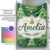 Cute Green Christmas Trees Golden Ornaments Seamless Pattern Lovely  Personalised Custom Name Super Soft Fleece Blanket Bed Sofa Throw