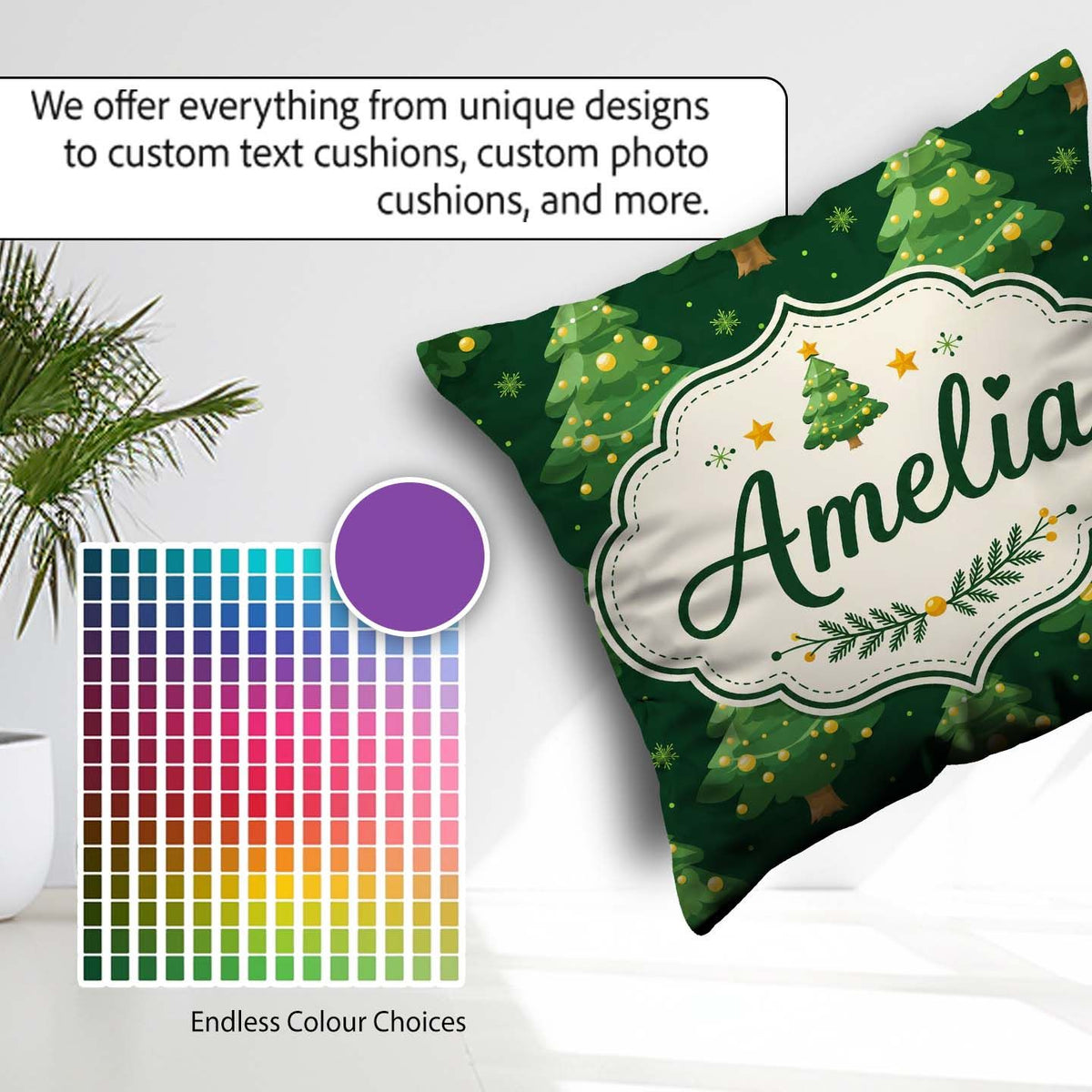 Custom Name Cute Green Christmas Trees Golden Ornaments Seamless Square Filled Cushion Throw Pillow Sofa Bed Home Decor Zip Washable UK Made
