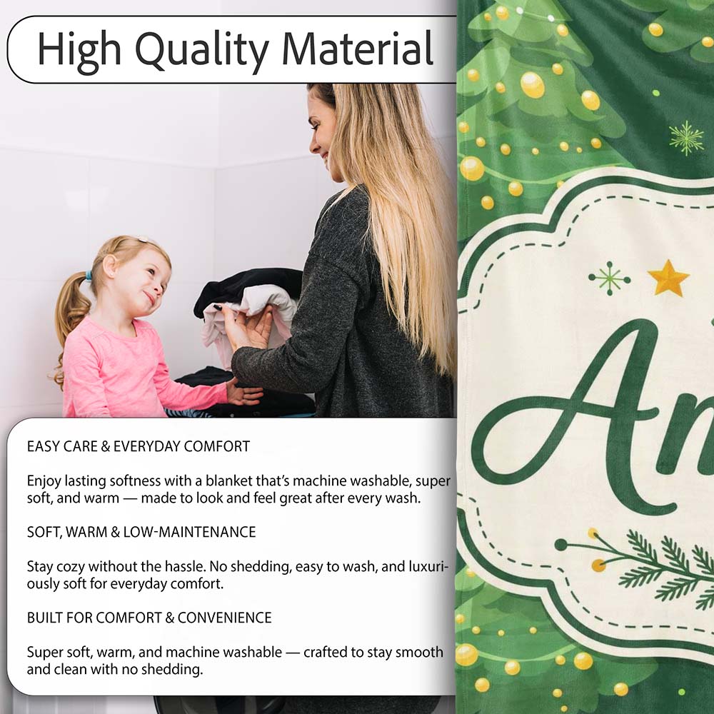 Cute Green Christmas Trees Golden Ornaments Seamless Pattern Lovely  Personalised Custom Name Super Soft Fleece Blanket Bed Sofa Throw