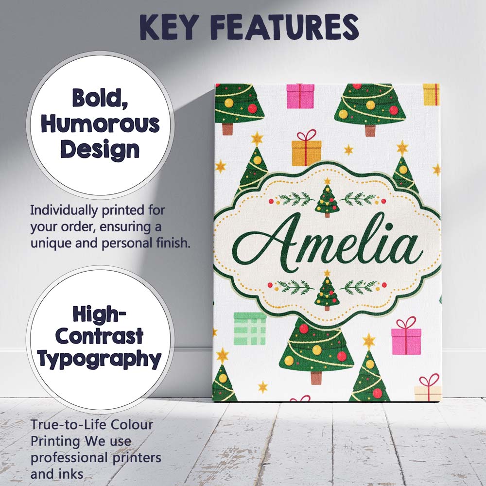 Personalised Name Festive Christmas Trees Custom  Unique Gift Idea Elegant Feature Canvas Wall Art Print Decor Picture Ready to Hang