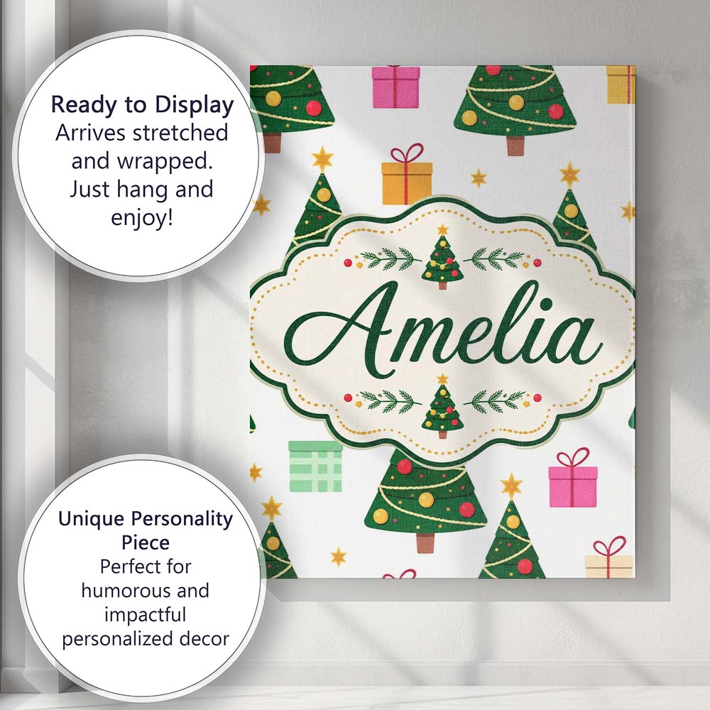 Personalised Name Festive Christmas Trees Custom  Unique Gift Idea Elegant Feature Canvas Wall Art Print Decor Picture Ready to Hang