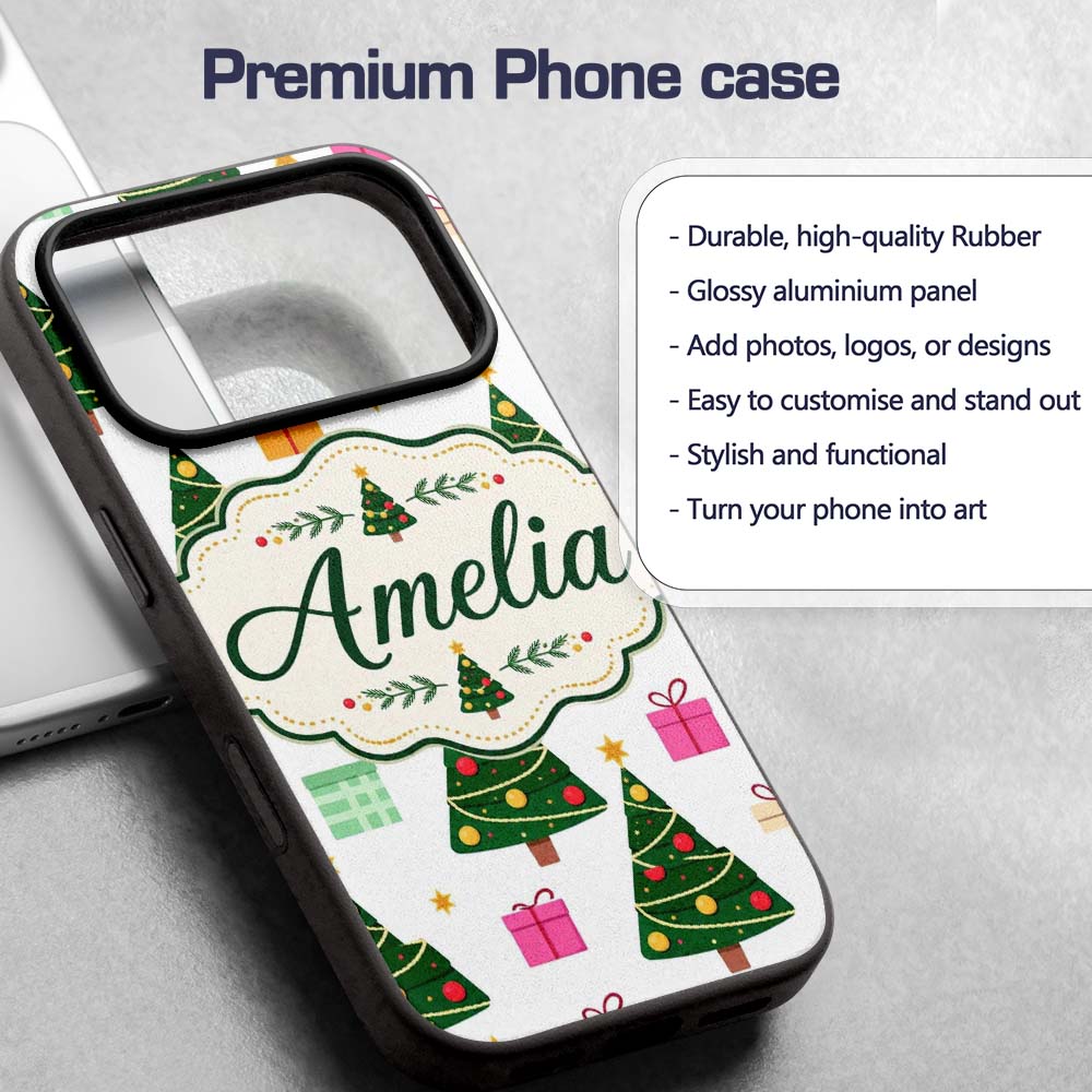 Festive Christmas Trees Gifts Holiday Seamless Custom Name Protective Phone Case Mobile Cover Durable Everyday Smartphone Shock Resistant
