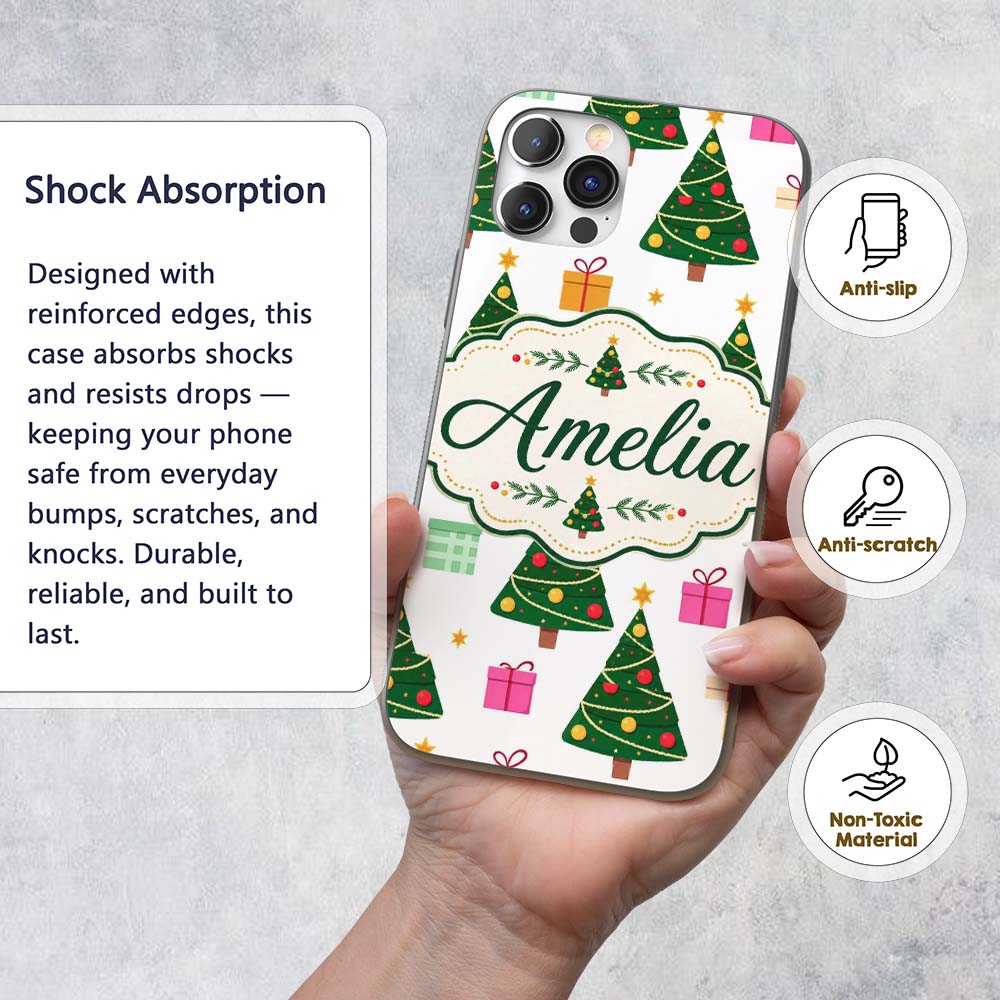 Festive Christmas Trees Gifts Holiday Seamless Custom Name Protective Phone Case Mobile Cover Durable Everyday Smartphone Shock Resistant