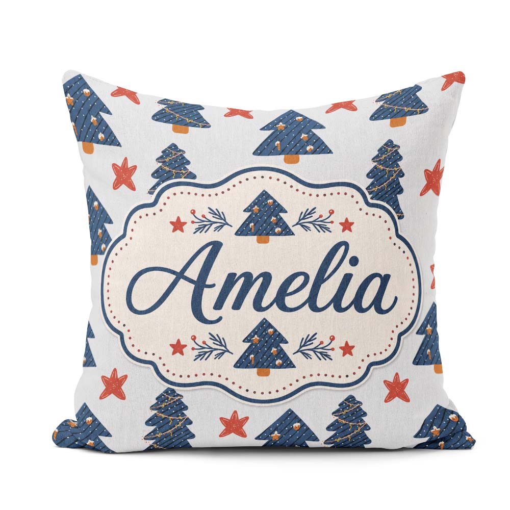 Custom Name Navy Blue Christmas Trees Red Stars Festive Seamless Square Filled Cushion Throw Pillow Sofa Bed Home Decor Zip Washable UK Made