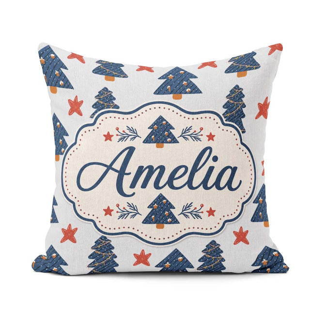 Custom Name Navy Blue Christmas Trees Red Stars Festive Seamless Square Filled Cushion Throw Pillow Sofa Bed Home Decor Zip Washable UK Made