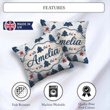 Custom Name Navy Blue Christmas Trees Red Stars Festive Seamless Square Filled Cushion Throw Pillow Sofa Bed Home Decor Zip Washable UK Made