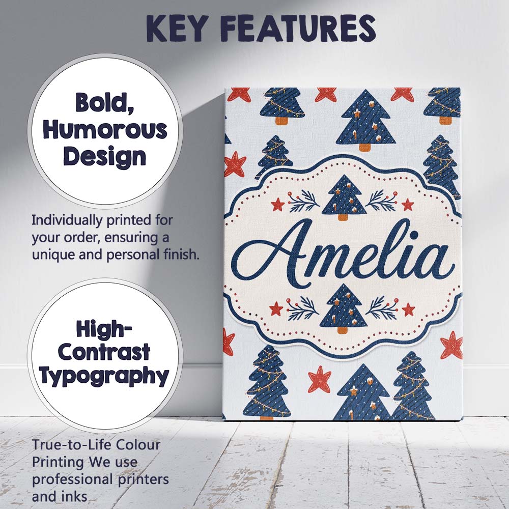 Personalised Name Navy Blue Christmas Trees Custom  Bespoke Interior Contemporary Canvas Wall Art Print Decor Picture Ready to Hang