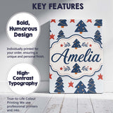Personalised Name Navy Blue Christmas Trees Custom  Bespoke Interior Contemporary Canvas Wall Art Print Decor Picture Ready to Hang