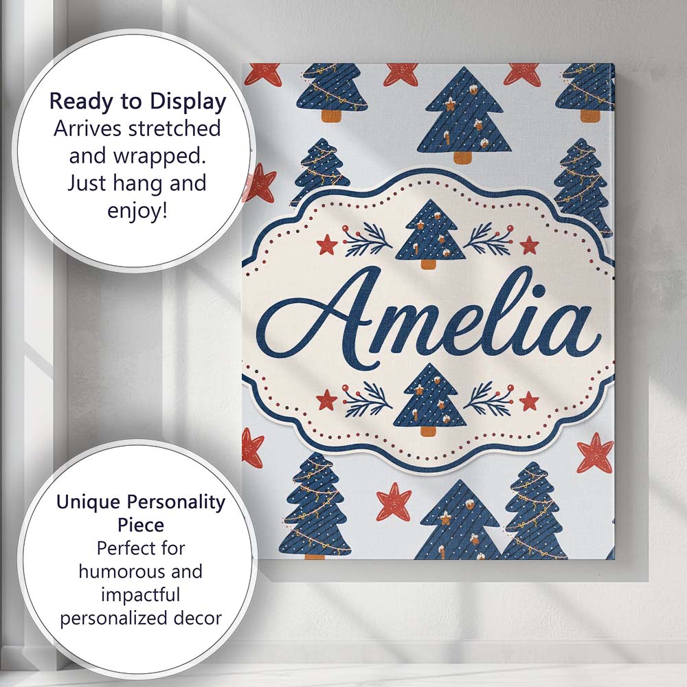 Personalised Name Navy Blue Christmas Trees Custom  Bespoke Interior Contemporary Canvas Wall Art Print Decor Picture Ready to Hang