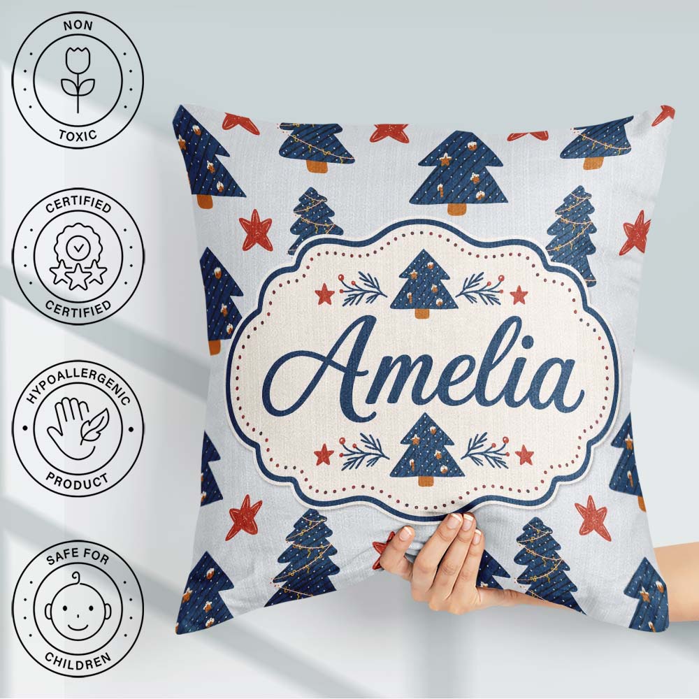 Custom Name Navy Blue Christmas Trees Red Stars Festive Seamless Square Filled Cushion Throw Pillow Sofa Bed Home Decor Zip Washable UK Made
