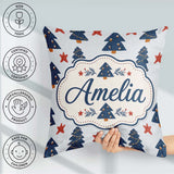Custom Name Navy Blue Christmas Trees Red Stars Festive Seamless Square Filled Cushion Throw Pillow Sofa Bed Home Decor Zip Washable UK Made