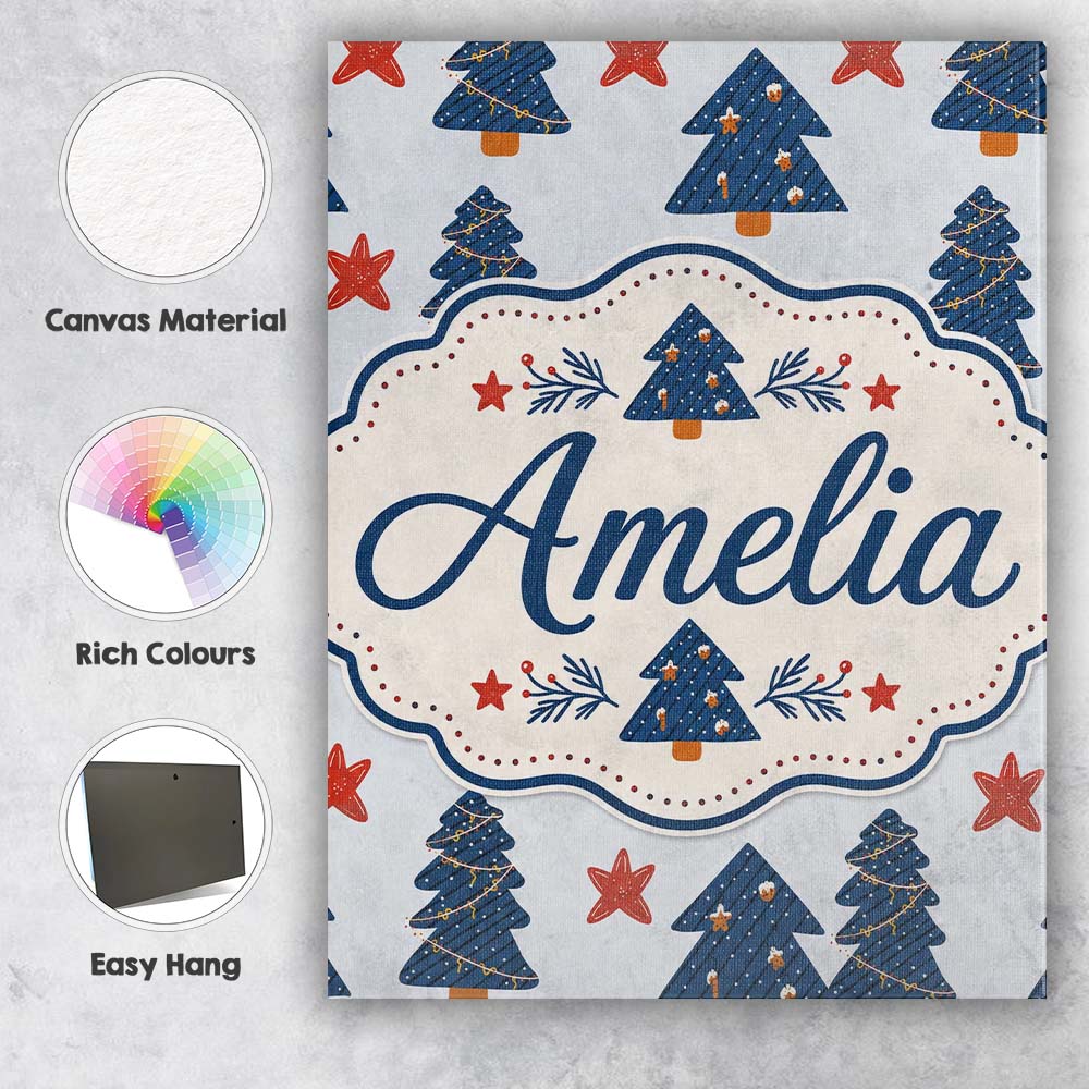 Personalised Name Navy Blue Christmas Trees Custom  Bespoke Interior Contemporary Canvas Wall Art Print Decor Picture Ready to Hang
