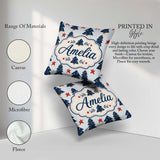 Custom Name Navy Blue Christmas Trees Red Stars Festive Seamless Square Filled Cushion Throw Pillow Sofa Bed Home Decor Zip Washable UK Made