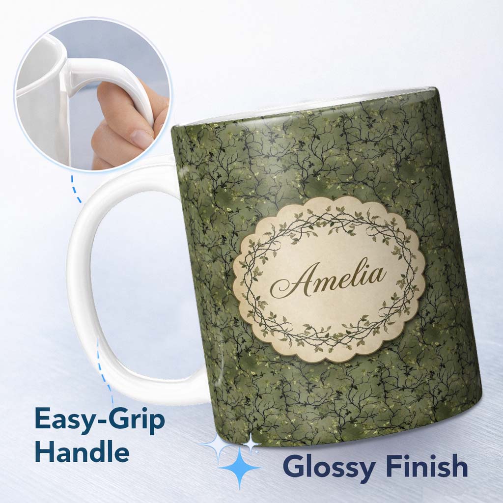 Personalized Custom Name Dark Green Minimal Leafy Branch Seamless Pattern Cute Unique Gift 11oz Ceramic Coffee Tea Mug White Large Handle