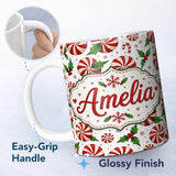 Personalized Custom Name Peppermint Candy Swirl Holly Berry Christmas Seamless Pattern Lovely 11oz Ceramic Coffee Tea Mug White Large Handle