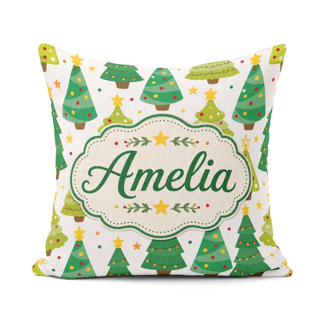 Custom Name Cute Mixed Christmas Trees Colorful Festive Seamless Square Filled Cushion Throw Pillow Sofa Bed Home Decor Zip Washable UK Made
