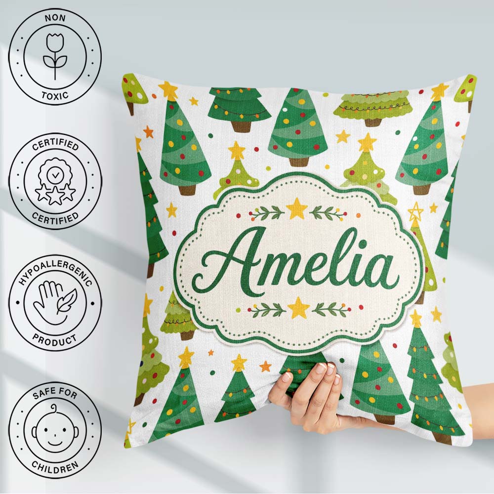 Custom Name Cute Mixed Christmas Trees Colorful Festive Seamless Square Filled Cushion Throw Pillow Sofa Bed Home Decor Zip Washable UK Made