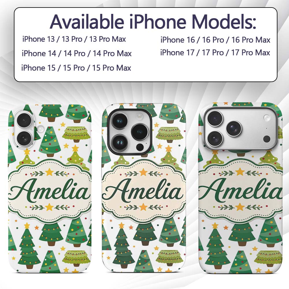 Cute Mixed Christmas Trees Decorative Design Custom Name Protective Phone Case Mobile Cover Durable Everyday Smartphone Shock Resistant