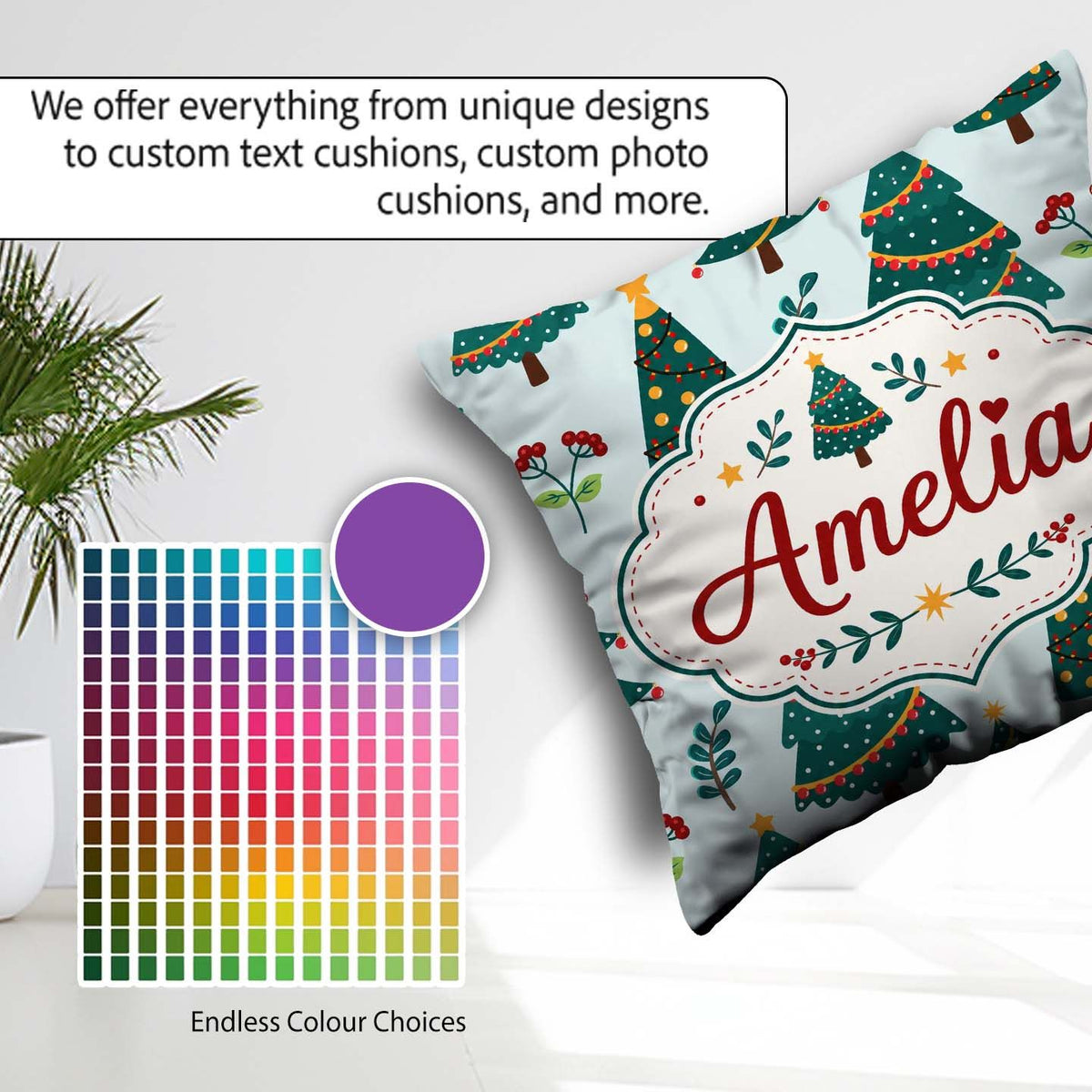 Custom Name Decorated Christmas Berries Foliage Seamless Pattern Square Filled Cushion Throw Pillow Sofa Bed Home Decor Zip Washable UK Made