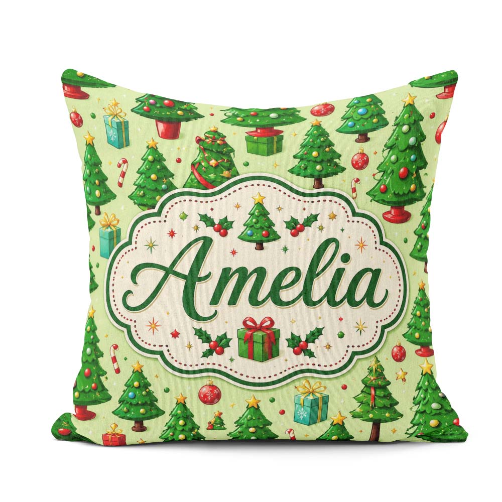 Custom Name Whimsical Christmas Trees Ornaments Festive Seamless Square Filled Cushion Throw Pillow Sofa Bed Home Decor Zip Washable UK Made