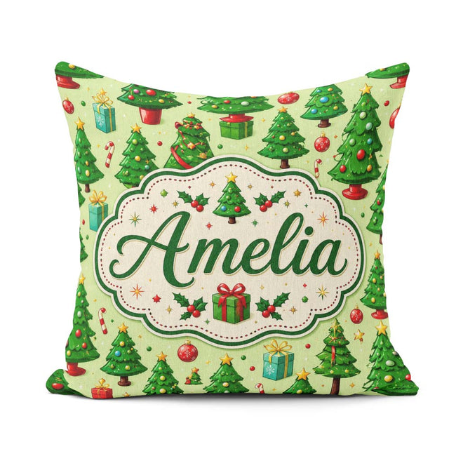 Custom Name Whimsical Christmas Trees Ornaments Festive Seamless Square Filled Cushion Throw Pillow Sofa Bed Home Decor Zip Washable UK Made