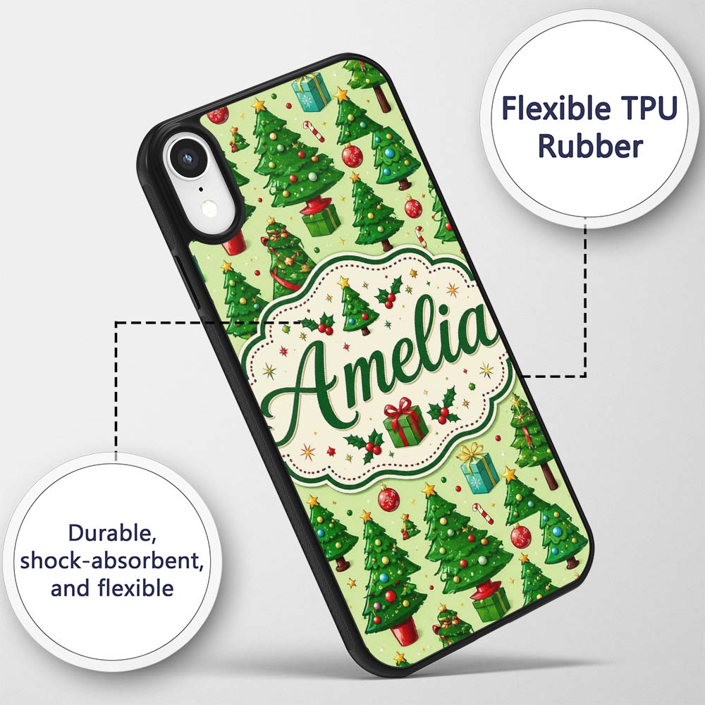 Whimsical Christmas Trees Gifts Ornaments Festive Custom Name Protective Phone Case Mobile Cover Durable Everyday Smartphone Shock Resistant