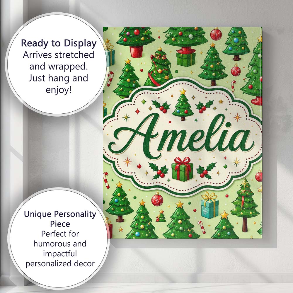 Personalised Name Whimsical Christmas Trees Custom  Bespoke Interior Contemporary Canvas Wall Art Print Decor Picture Ready to Hang