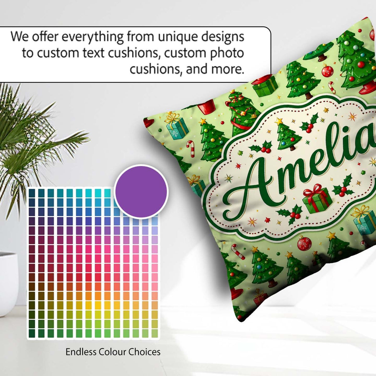 Custom Name Whimsical Christmas Trees Ornaments Festive Seamless Square Filled Cushion Throw Pillow Sofa Bed Home Decor Zip Washable UK Made