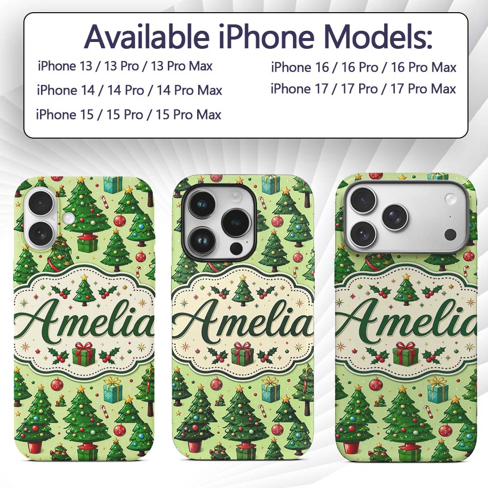 Whimsical Christmas Trees Gifts Ornaments Festive Custom Name Protective Phone Case Mobile Cover Durable Everyday Smartphone Shock Resistant