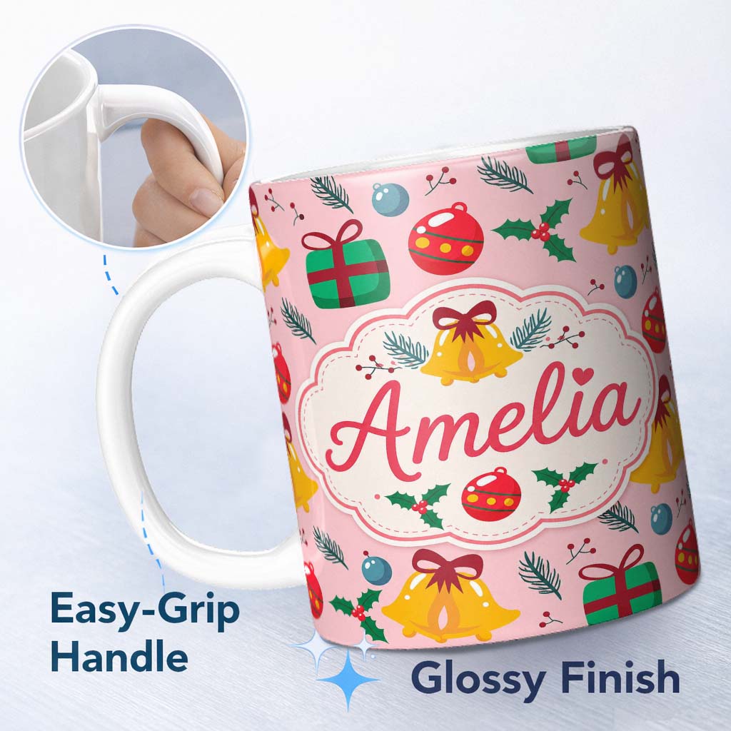Personalized Custom Name Festive Bells Gift Holly Ornament Seamless Pattern Cute Unique Gift 11oz Ceramic Coffee Tea Mug White Large Handle