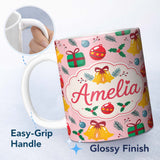 Personalized Custom Name Festive Bells Gift Holly Ornament Seamless Pattern Cute Unique Gift 11oz Ceramic Coffee Tea Mug White Large Handle