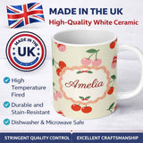 Personalized Custom Name Cute Cherry Fruit with Bow and Sprinkles Pattern Light Olive Lovely 11oz Ceramic Coffee Tea Mug White Large Handle