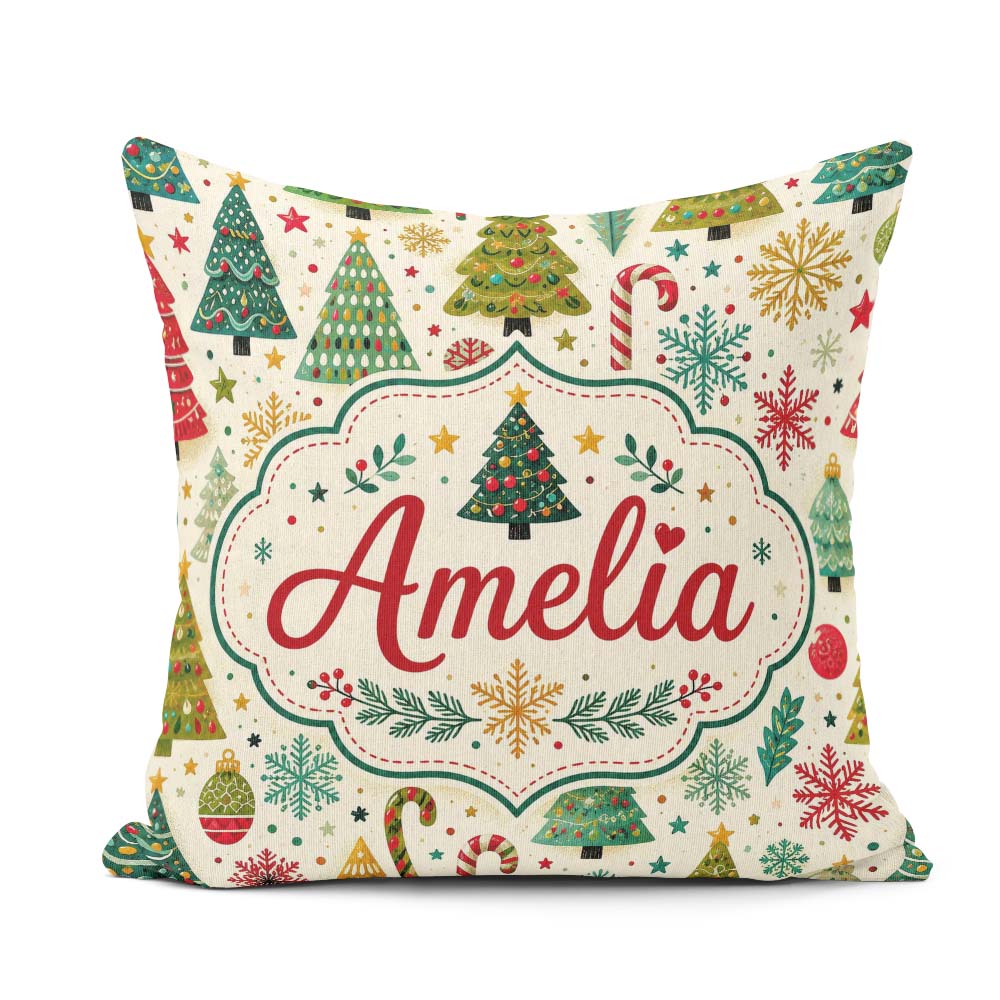 Custom Name Style Christmas Trees Snowflakes Candy Cane Seamless Square Filled Cushion Throw Pillow Sofa Bed Home Decor Zip Washable UK Made