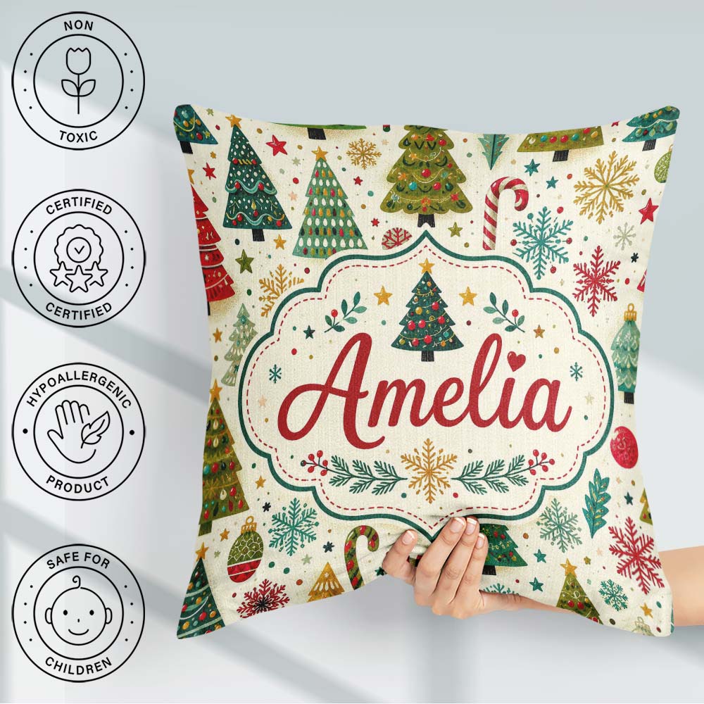 Custom Name Style Christmas Trees Snowflakes Candy Cane Seamless Square Filled Cushion Throw Pillow Sofa Bed Home Decor Zip Washable UK Made