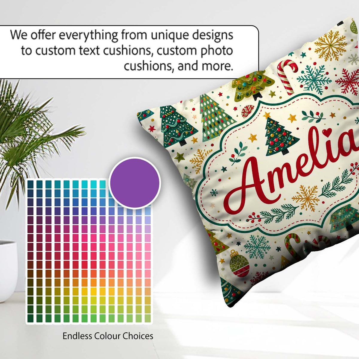 Custom Name Style Christmas Trees Snowflakes Candy Cane Seamless Square Filled Cushion Throw Pillow Sofa Bed Home Decor Zip Washable UK Made