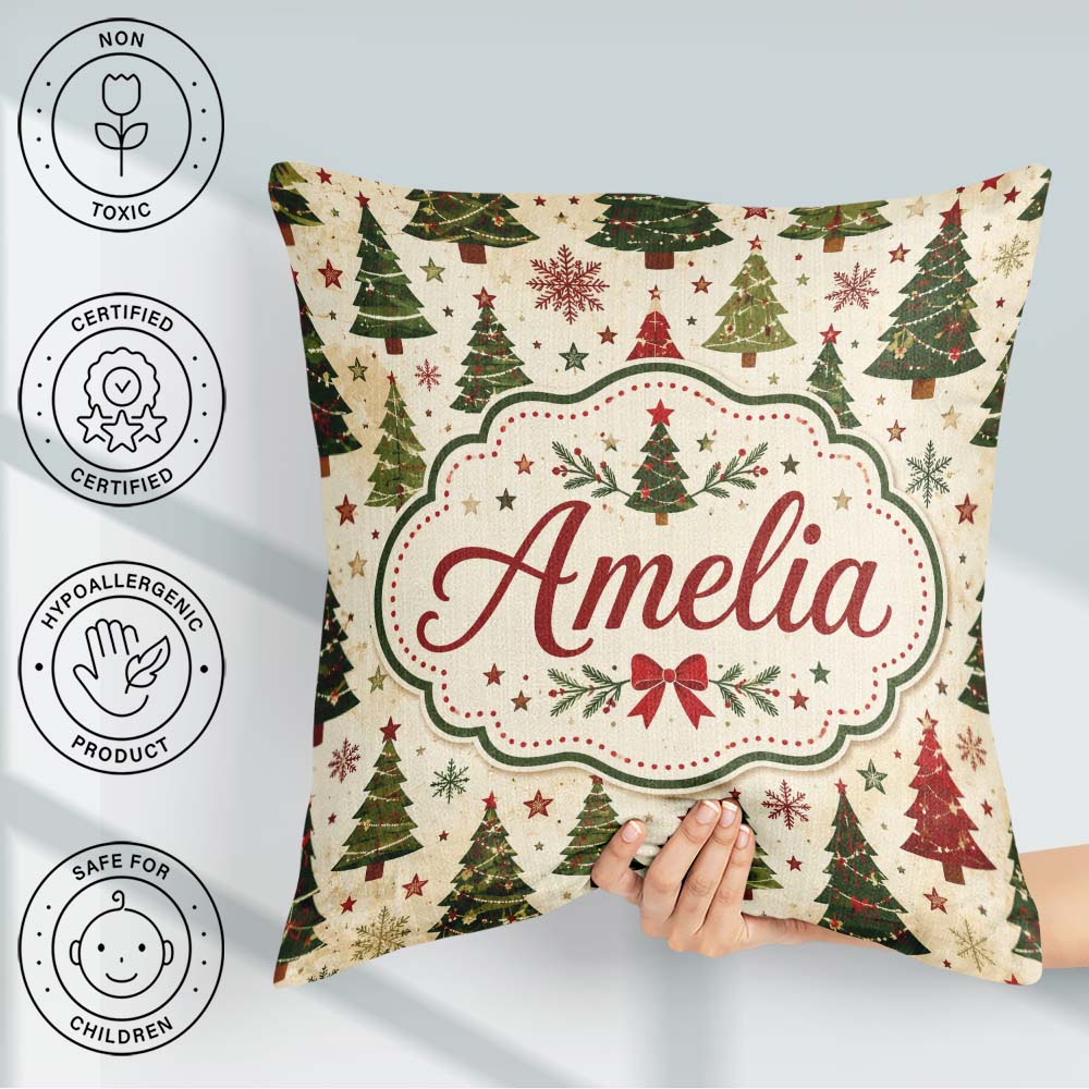 Custom Name Rustic Christmas Trees Stars Holiday Winter Seamless Square Filled Cushion Throw Pillow Sofa Bed Home Decor Zip Washable UK Made