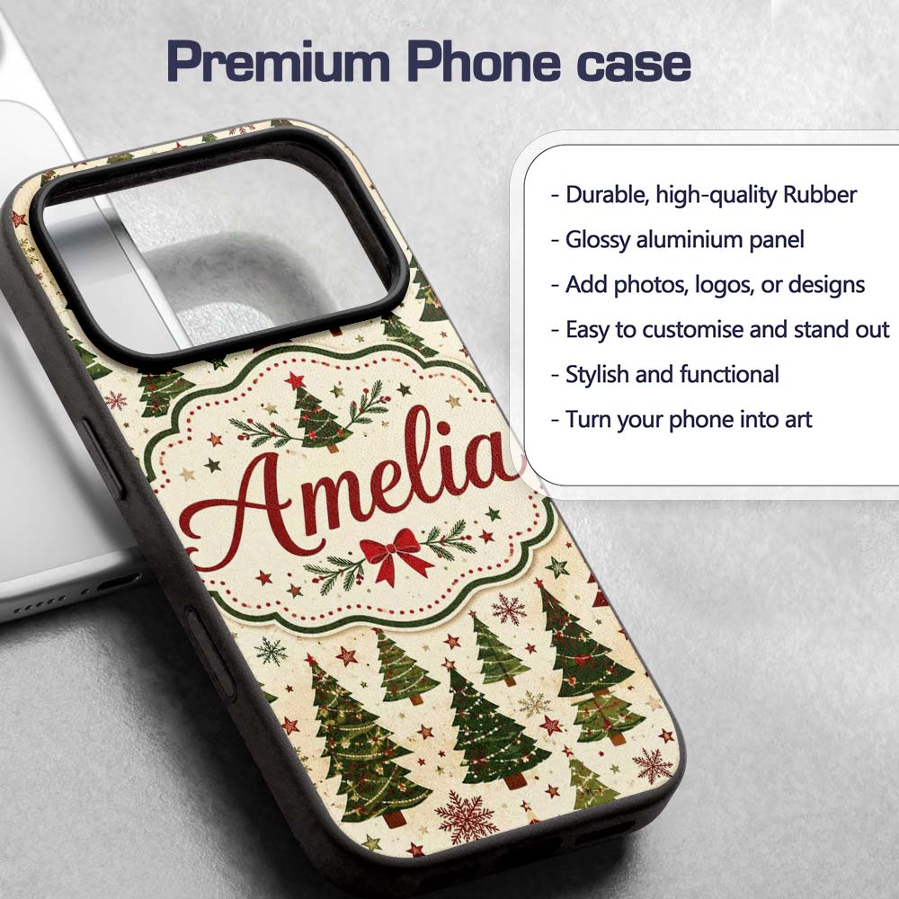 Rustic Christmas Trees Stars Decorative Design Custom Name Protective Phone Case Mobile Cover Durable Everyday Smartphone Shock Resistant