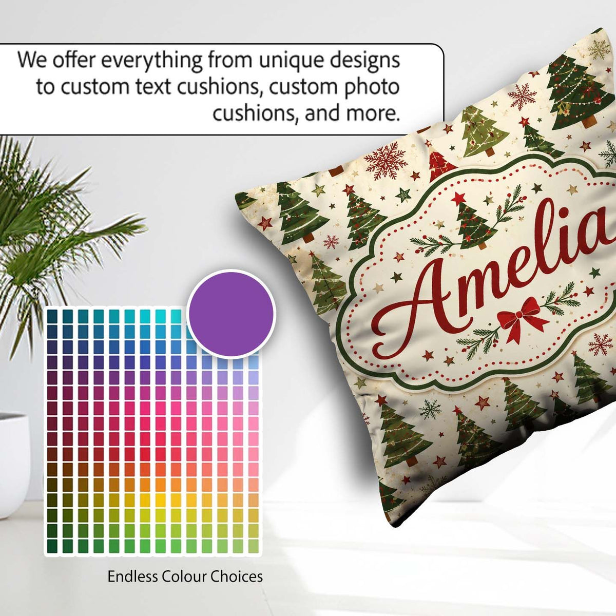 Custom Name Rustic Christmas Trees Stars Holiday Winter Seamless Square Filled Cushion Throw Pillow Sofa Bed Home Decor Zip Washable UK Made