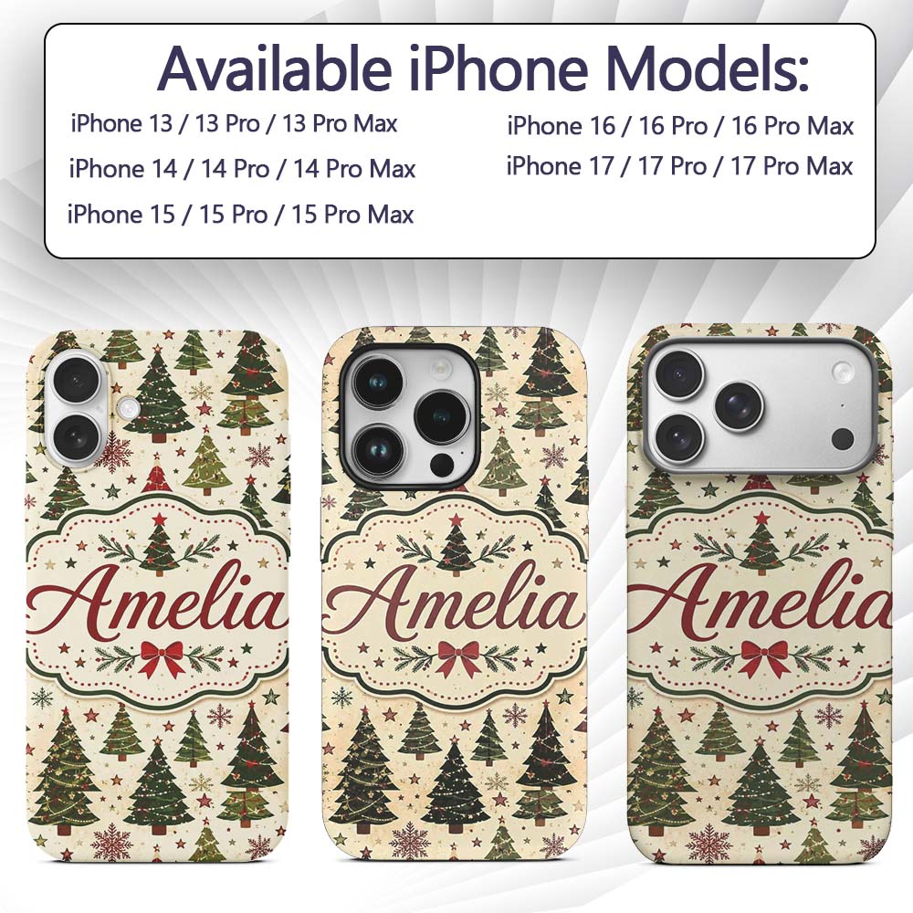 Rustic Christmas Trees Stars Decorative Design Custom Name Protective Phone Case Mobile Cover Durable Everyday Smartphone Shock Resistant