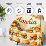 Vintage Burger Illustration Seamless Pattern Fast Food Snack Design  Personalised Custom Name Super Soft Fleece Blanket Bed Sofa Throw