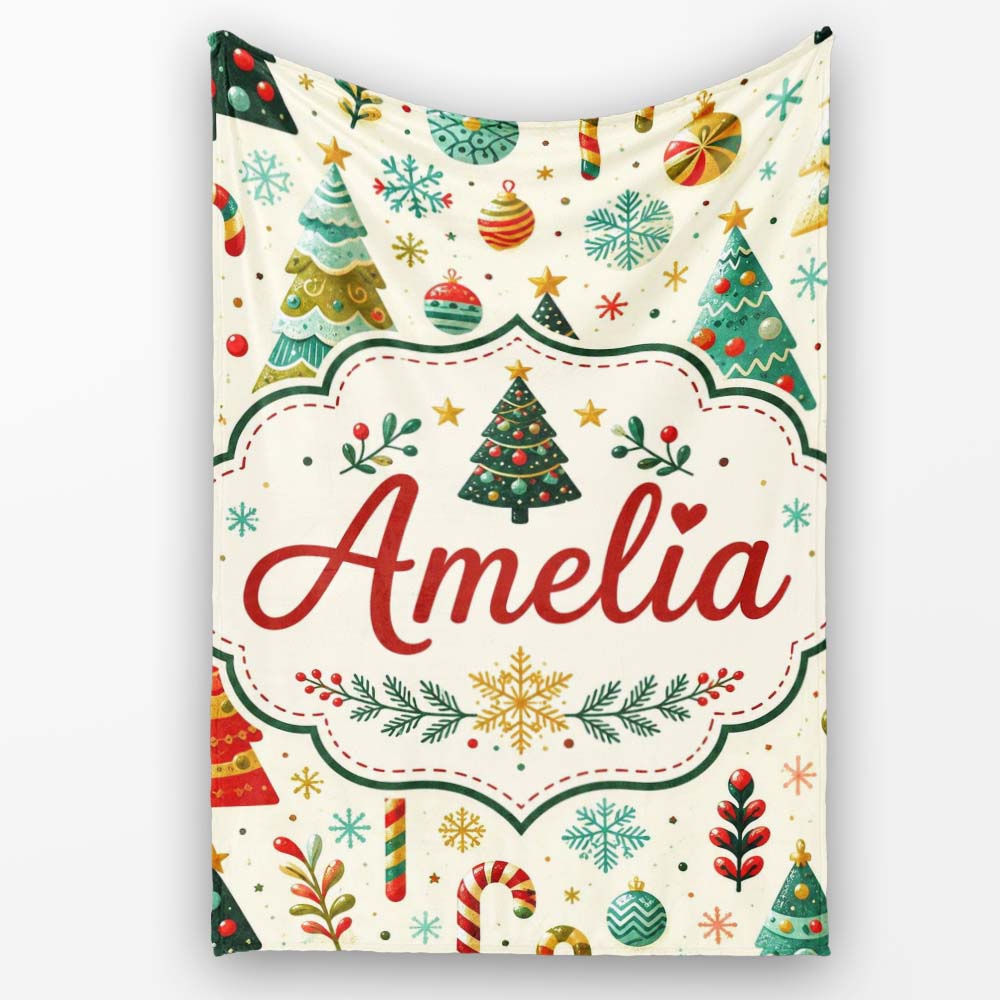 Christmas Trees Ornaments Candy Canes Festive Seamless Pattern  Personalised Custom Name Super Soft Fleece Blanket Bed Sofa Throw