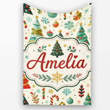 Christmas Trees Ornaments Candy Canes Festive Seamless Pattern  Personalised Custom Name Super Soft Fleece Blanket Bed Sofa Throw