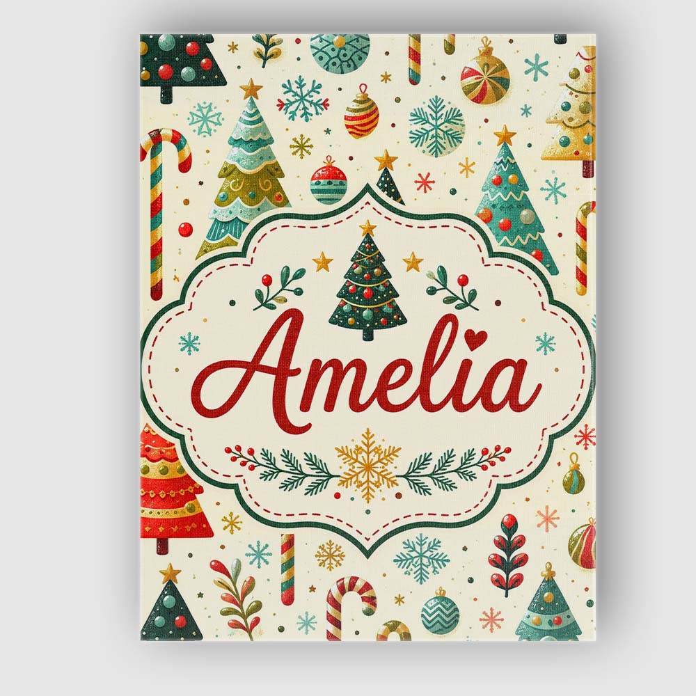 Personalised Name Christmas Trees Ornaments Custom  Bespoke Interior Contemporary Canvas Wall Art Print Decor Picture Ready to Hang