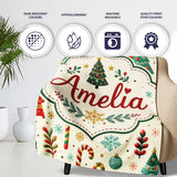 Christmas Trees Ornaments Candy Canes Festive Seamless Pattern  Personalised Custom Name Super Soft Fleece Blanket Bed Sofa Throw