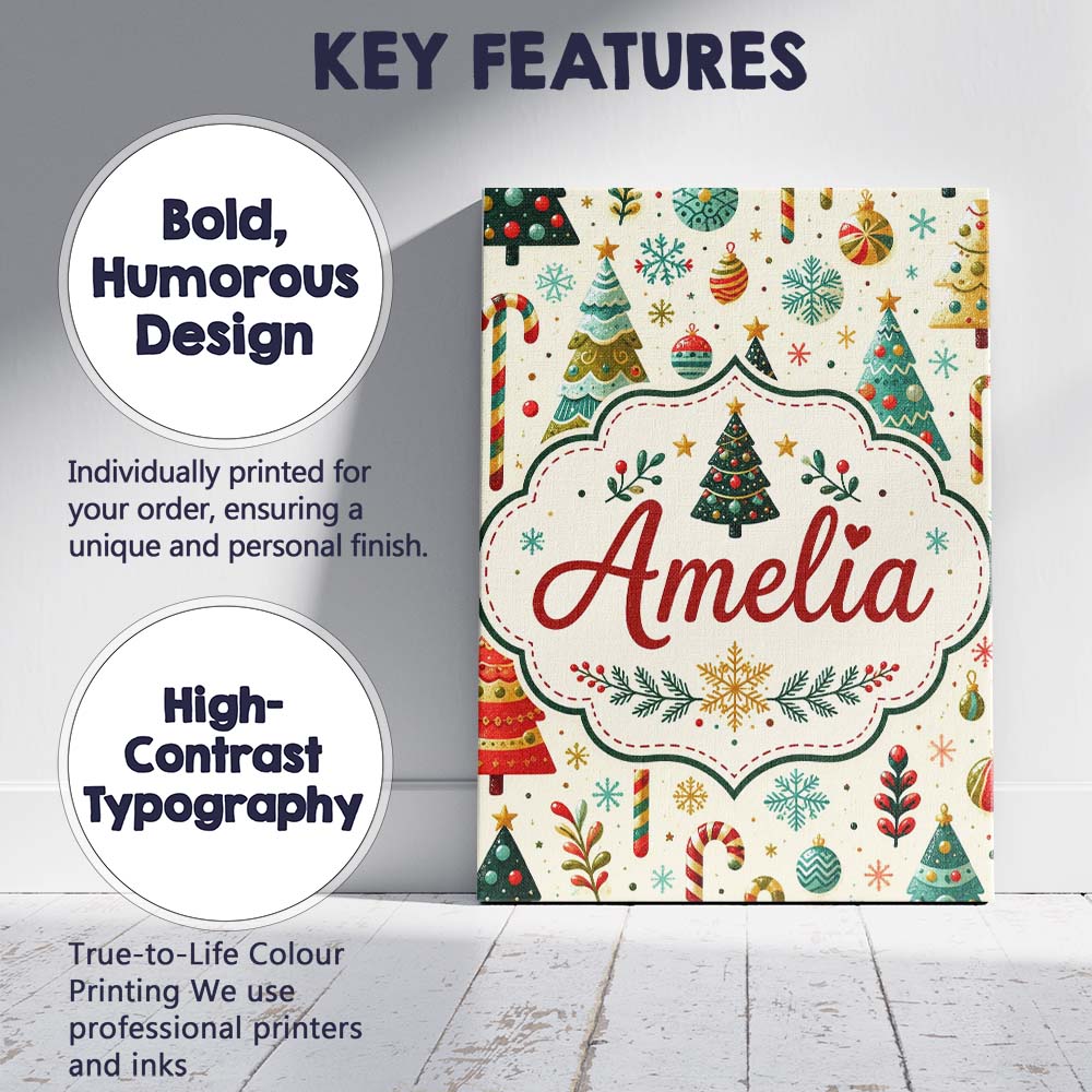 Personalised Name Christmas Trees Ornaments Custom  Bespoke Interior Contemporary Canvas Wall Art Print Decor Picture Ready to Hang